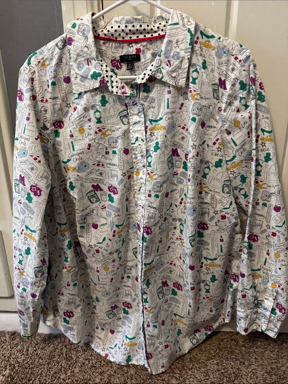 Talbots White Casual Button-Down Shirt with Green, Purple and Yellow Accents.